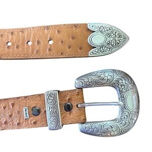 Ariat Mens Tan Ostrich Print Leather Western Belt Engraved Silver Buckle F103041
